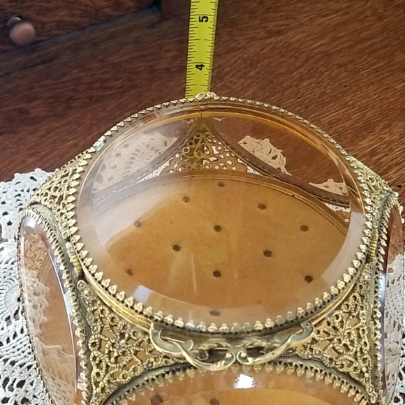 Vintage French Brass Filigree Amber Beveled Glass Ormulu Jewelry Box Casket - Picture 15 of 16